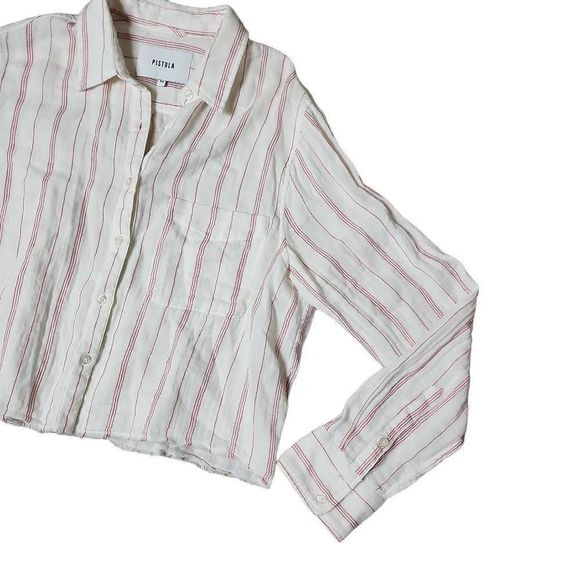 Pistola Tops | Pistola Crop Button Down in Manchester Stripe | Color: Pink/White - Picture 6 of 6